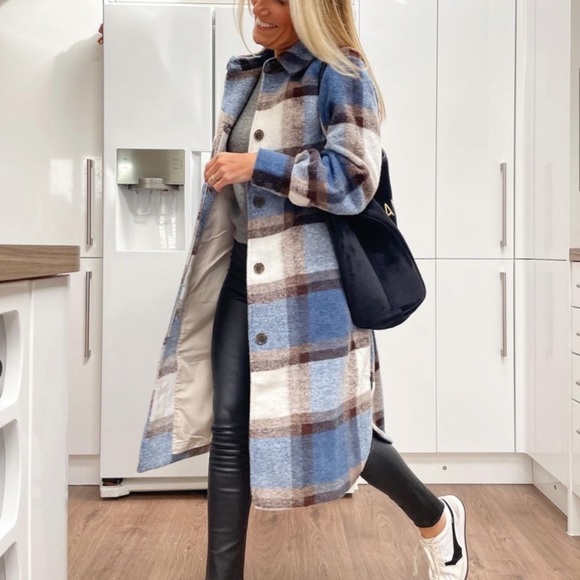 H&M blue plaid Oversized Coat - Picture 5 of 5